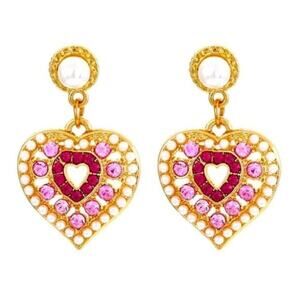 Vintage 90s Style Goldtone Renaissance Faux Pearl Heart Gem Statement Earrings